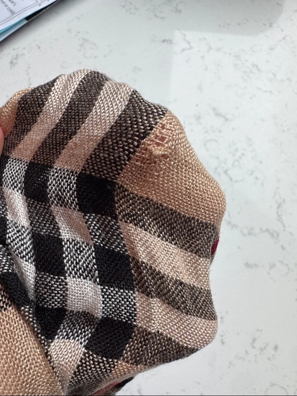 Burberry Beige Plaid Wool-Blend Scarf with Black and Red Trim